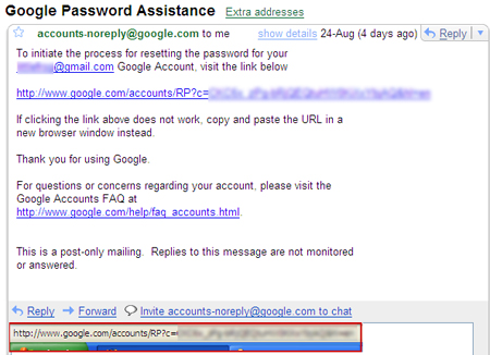 Screenshot of genuine Gmail password reset request