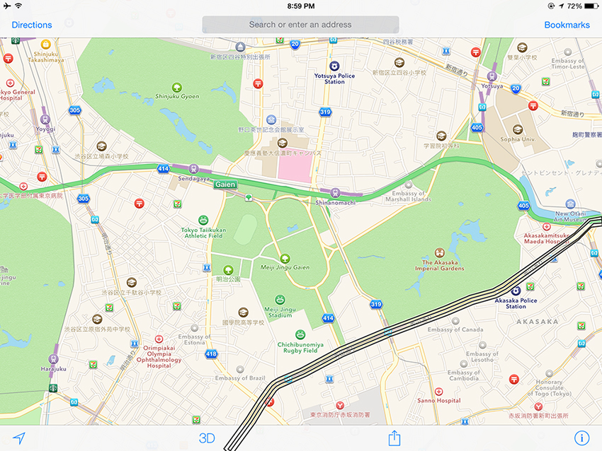 A view of the iPad Apple Maps where there's a black bar across a highlighted section of the map