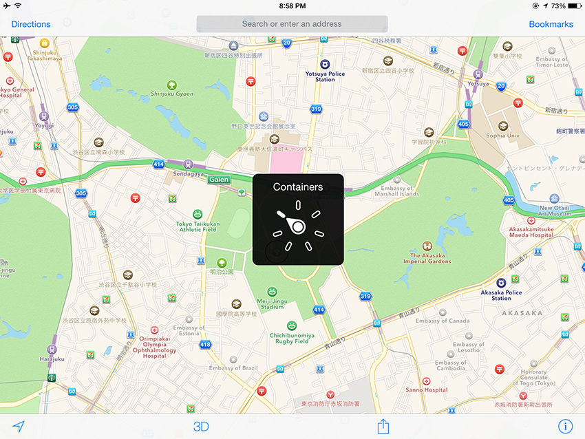 A screenshot of the iPad Apple Maps app with the rotor dial on top, with the text 'Containers'