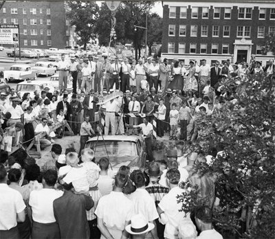 The crowd of Tulsa, OK, gather around the Beleveder as it gets lowered into the ground